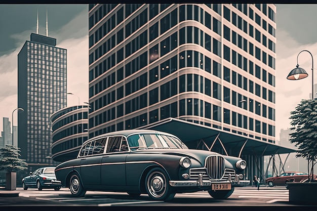 Vintage car parked in stylish and modern parking lot surrounded by modern buildings