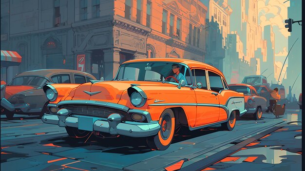 Винтажный автомобиль в стиле поп-арт на фоне шумного городского пейзажа 50-х годов