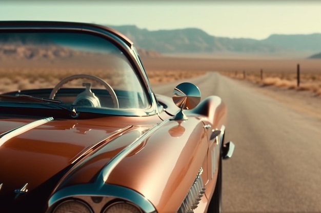 A vintage car on a road in the desert