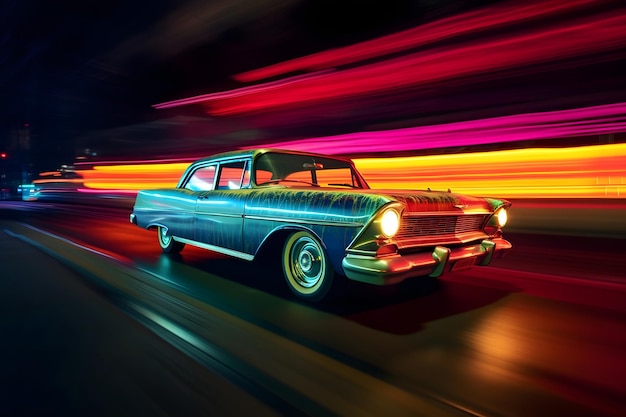 Vintage car on the road at night with motion blur background