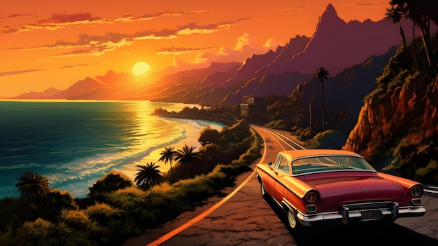 Vintage Car on a Road Trip with an Orange Sky and Sun Rays