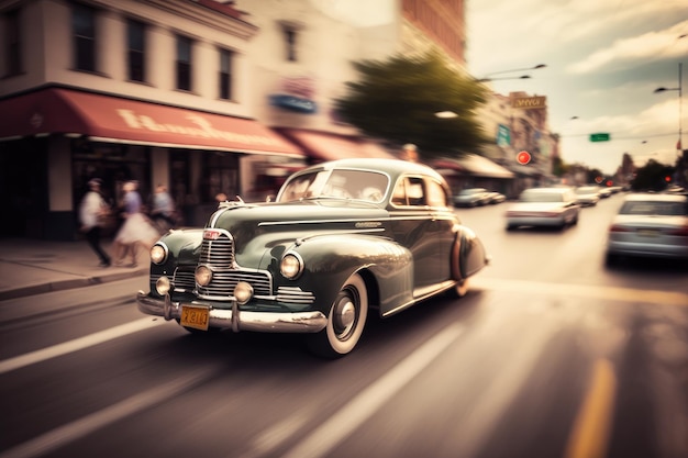 Vintage car speeding through busy intersection at rush hour