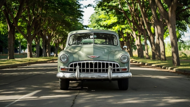 Vintage car on the street surrounded by trees under the sunlight