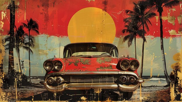 Vintage car on a summer background of palm trees and the sun