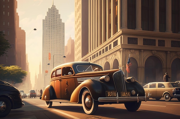 Vintage car surrounded by towering skyscrapers in bustling metropolis