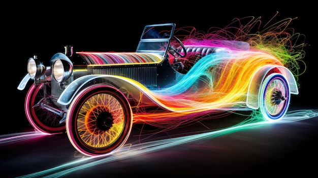 Vintage Car in Vivid Neon Light Trails Display