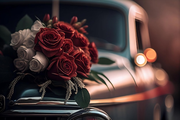 A vintage car with a bouquet of roses on the top.