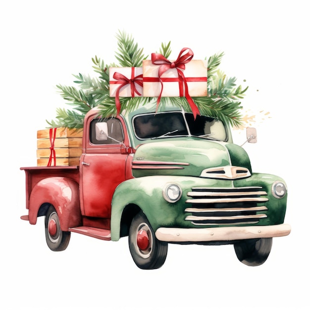 Vintage car with christmas tree Watercolor illustration on white background