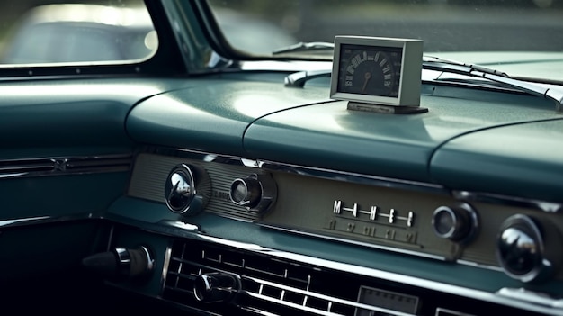 A vintage car with a clock on the front of it