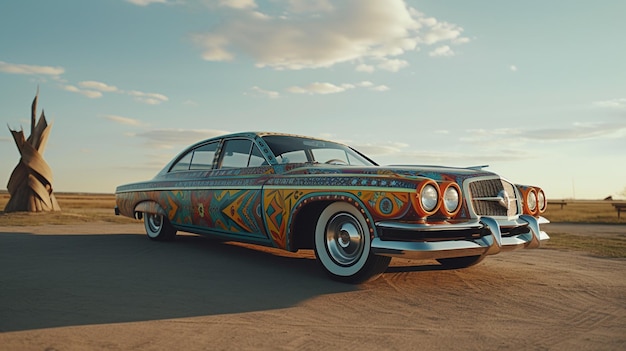 A vintage car with a colorful pattern is parked in the desert.