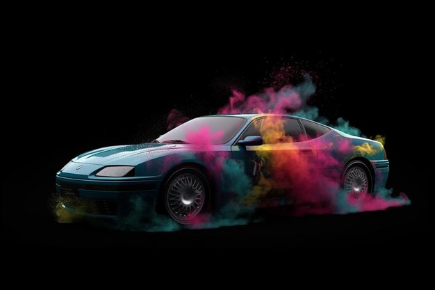 Vintage car with colorful smoke on black background 3d rendering