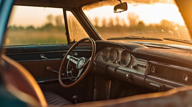 A vintage car with the dashboard in the foreground and the word mercedes on the front.