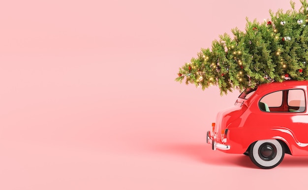 Vintage car with decorated Xmas tree on hood