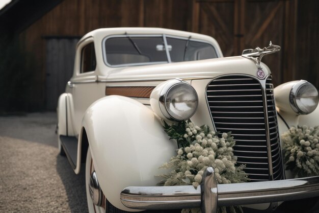 Photo vintage car with floral decorations in front of rustic wedding venue