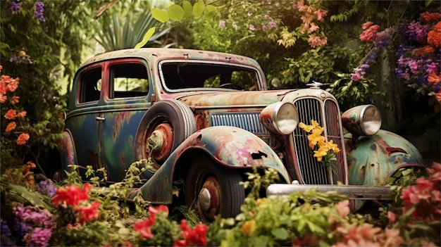 Photo vintage car with flowers in the garden3d rendering