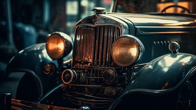 A vintage car with the headlights turned off