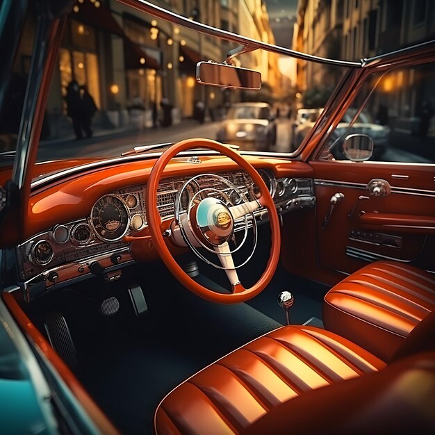 A vintage car with an open roof and leather seats photorealistic photography cinematic colorful