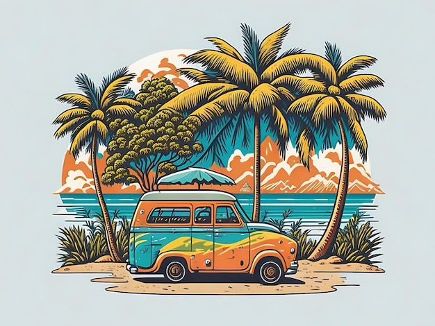 A vintage car with palm trees in the background Generative AI