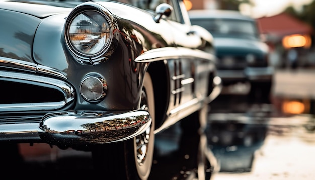 Vintage car with shiny chrome bumper and elegant grille driving outdoors generated by artificial intelligence