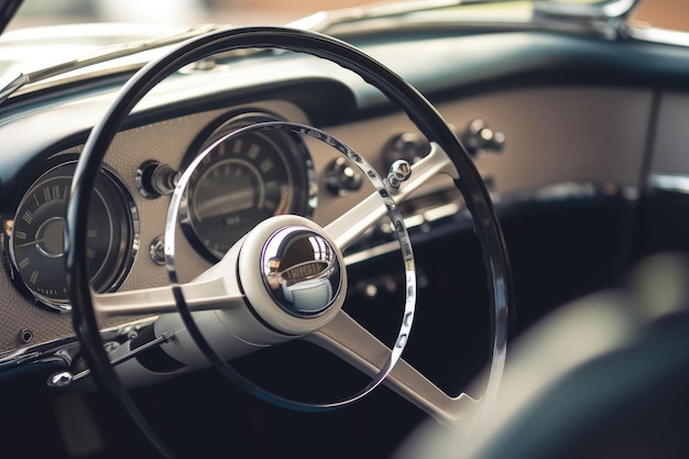 A vintage car with a steering wheel and a speedometer.