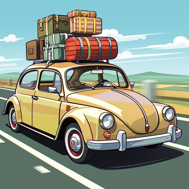 Vintage car with suitcases on the road