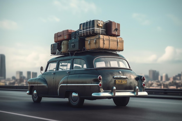 A vintage car with a tag that says'luggage on top '