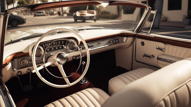 A vintage car with a white interior and a wooden steering wheel.