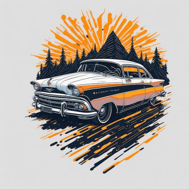 A vintage car with a yellow and orange background.