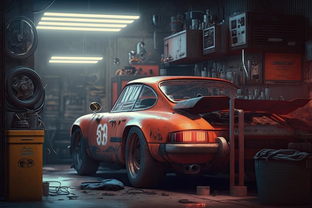 Vintage car in the workshop Generative AI