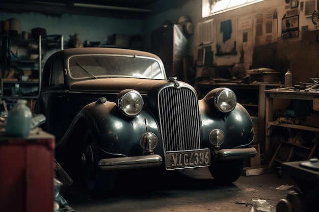 Vintage car in the workshop Generative AI