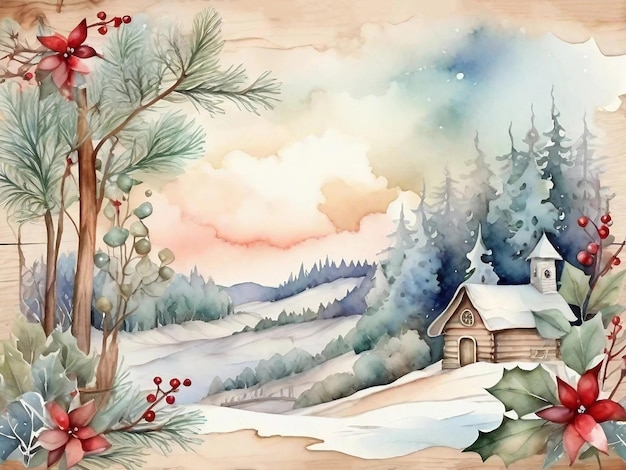 크리스마스 트리와 함께 작은 집의 겨울 배경으로 수채화 스타일의 빈티지 카드 생성 AI