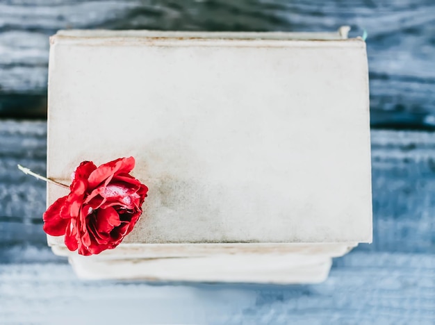 Винтажная открытка со стопкой старых книг и цветком красной розы на открытом воздухе