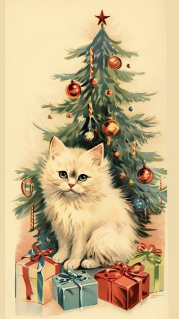 Vintage card xmas christmas tree and cat ai