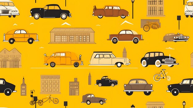 Vintage cars and traffic signs on a mustard background