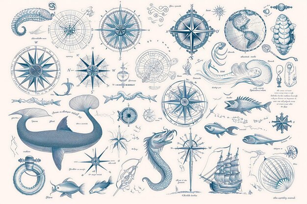 Photo vintage cartography ornaments with sea creatures and compass