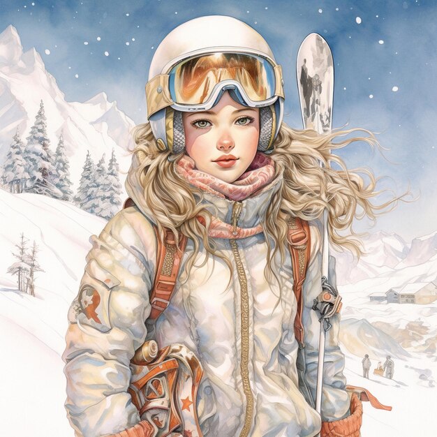 写真 ヴィンテージの漫画キャラクターの女の子が冬にスキーをしているポストカード可愛い女性 旅行は楽しい