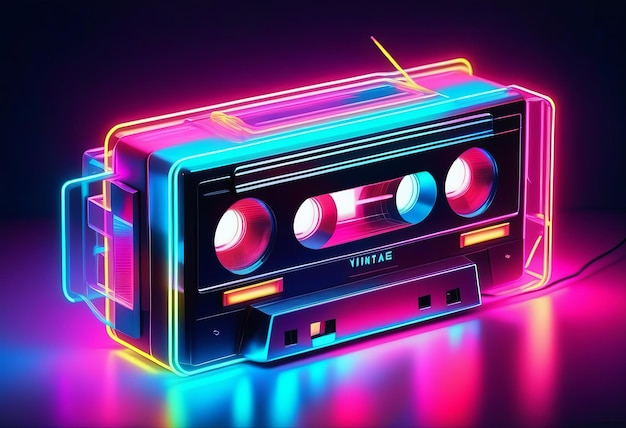 Foto cassettista vintage in luce al neon in stile pubblicitario degli anni '90 concetto nostalgico di festa discoteca