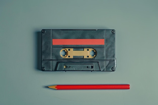 Photo a vintage cassette tape next to a red pencil on a muted background