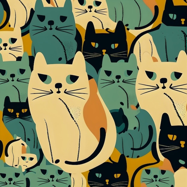 Vintage Cat pattern drawn illustration pastel colors