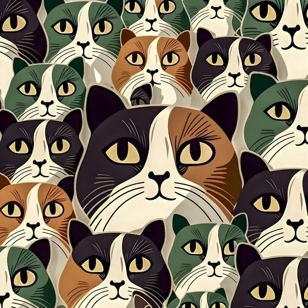 Vintage Cat pattern drawn illustration pastel colors