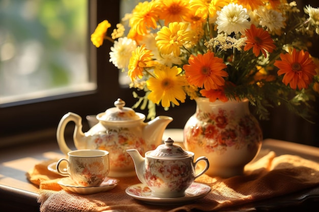 Vintage ceramic teapot and vase with flowers on sunset table