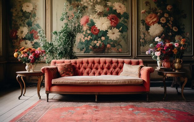 Винтажный очаровательный цветочный диван в вдохновленной гостиной вневременная элегантность