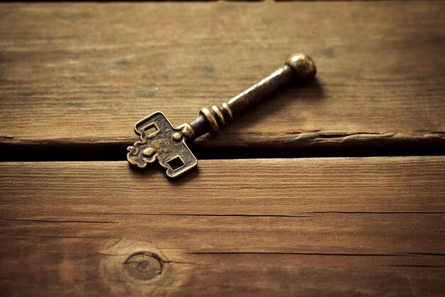 Vintage charme antieke sleutel rustend op verweerde houten tafel ontsluiten van verhalen uit het verleden gemaakt met