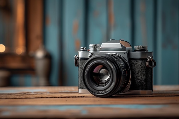 Vintage charme SLR camera op oude houten tafel selectieve focus.