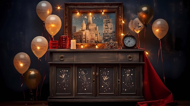 Vintage chest of drawers with a picture of the Cathedral of Notre Dame de Paris and balloons