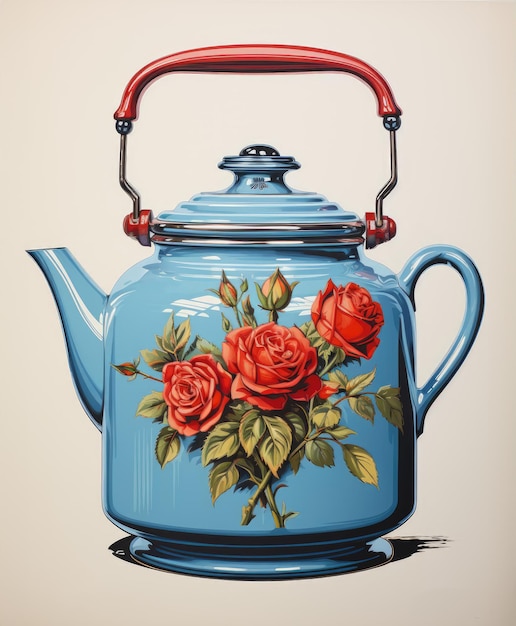 Foto chic vintage enamel teapot con lush roses arte digitale generata dall'ai di utensili da cucina classici