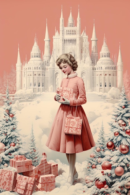 Vintage Christmas card with cute girl