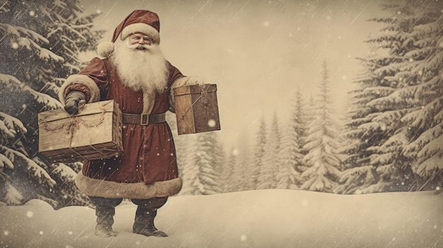 Vintage Christmas card with Santa Claus Illustration AI Generative