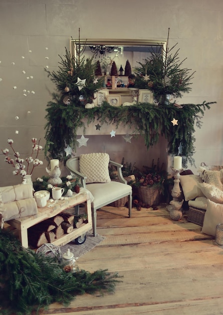 vintage christmas decor, interior in retro style for christmas