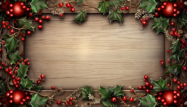 vintage christmas frame with red ornaments and holly